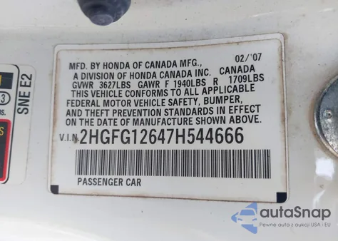 2007 Honda Civic Lx from USA, damaged, VIN 2HGFG12647H544666